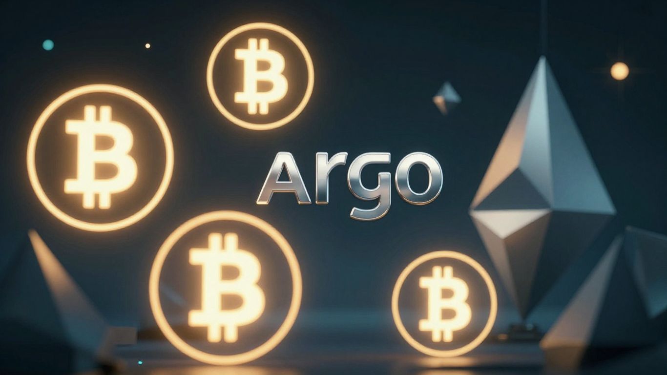 Argo Blockchain logo amidst digital Bitcoin symbols.