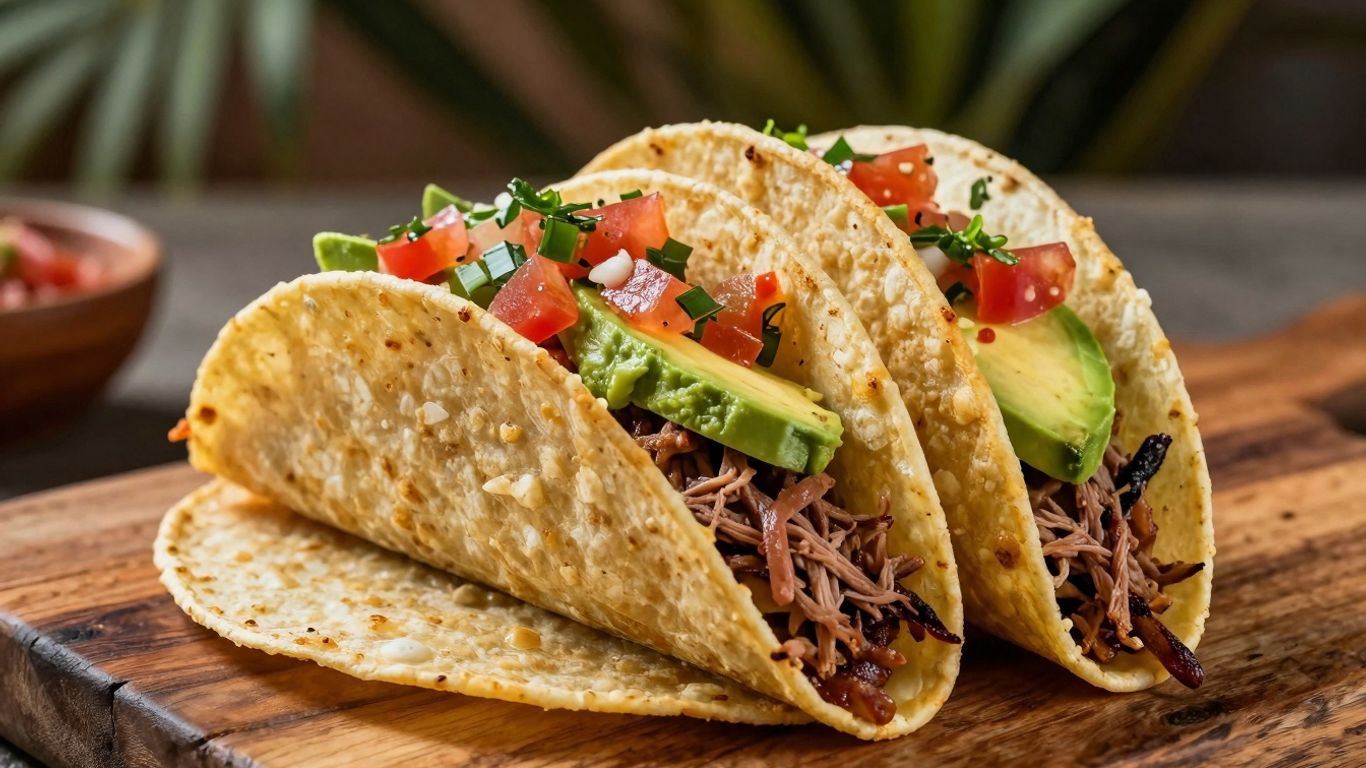 Delicious taco with fresh ingredients on a wooden table.