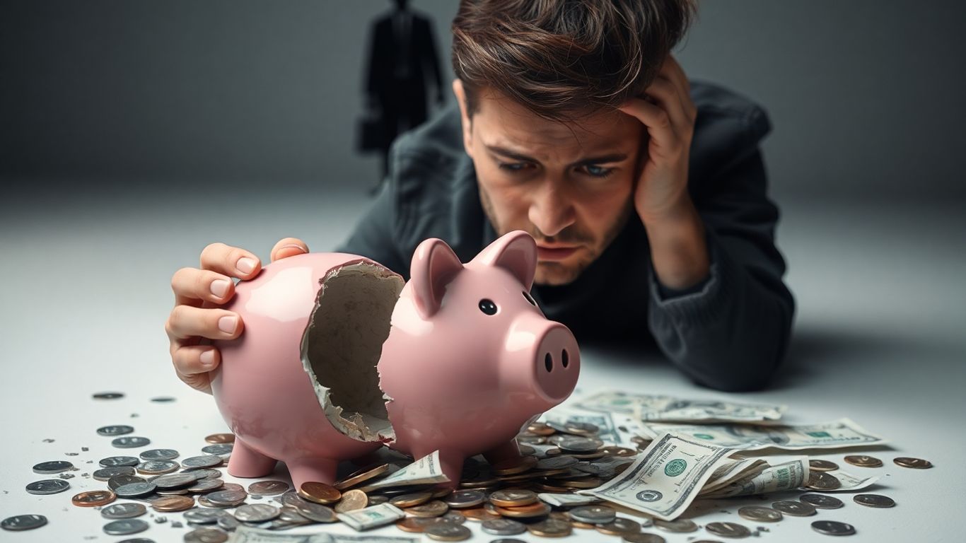 Distressed person with broken piggy bank and scattered money.