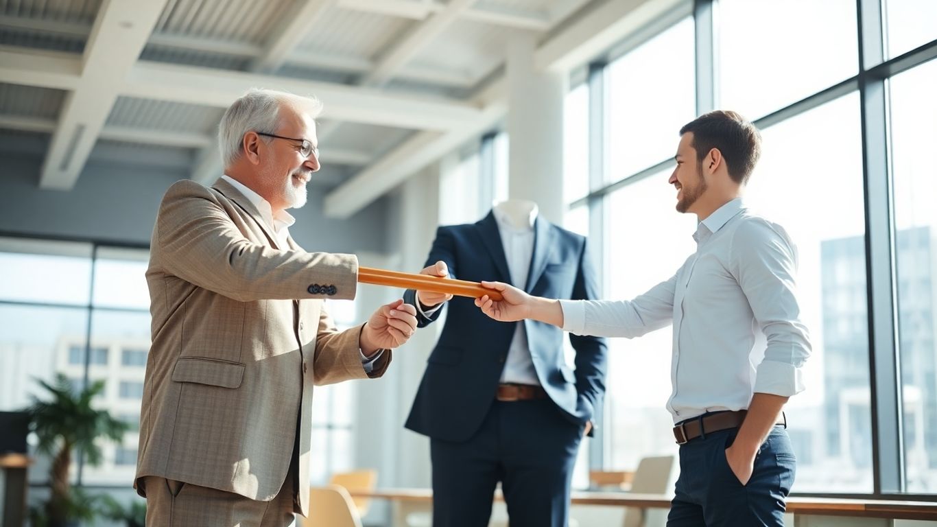 事業承継のバトンを渡す経営者と後継者