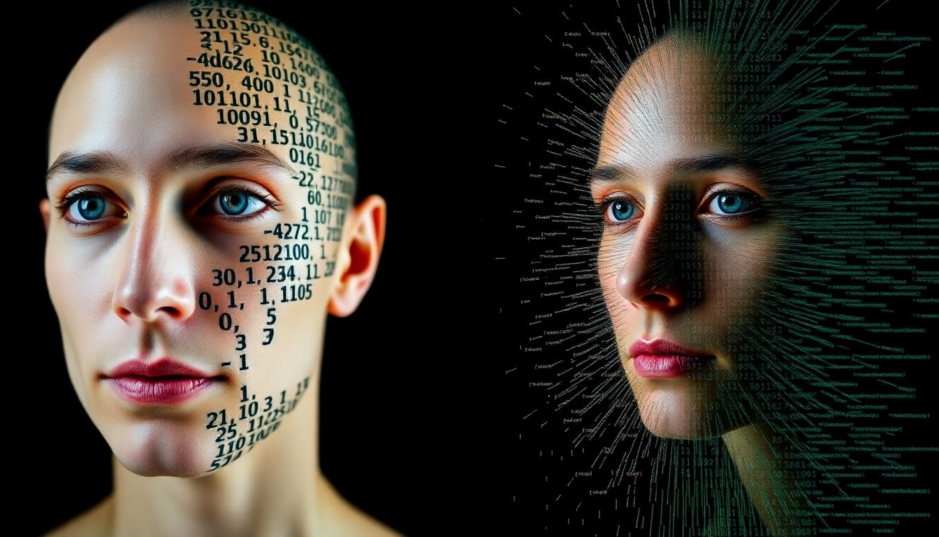 Digital face constructed from code, then glitching and distorting.