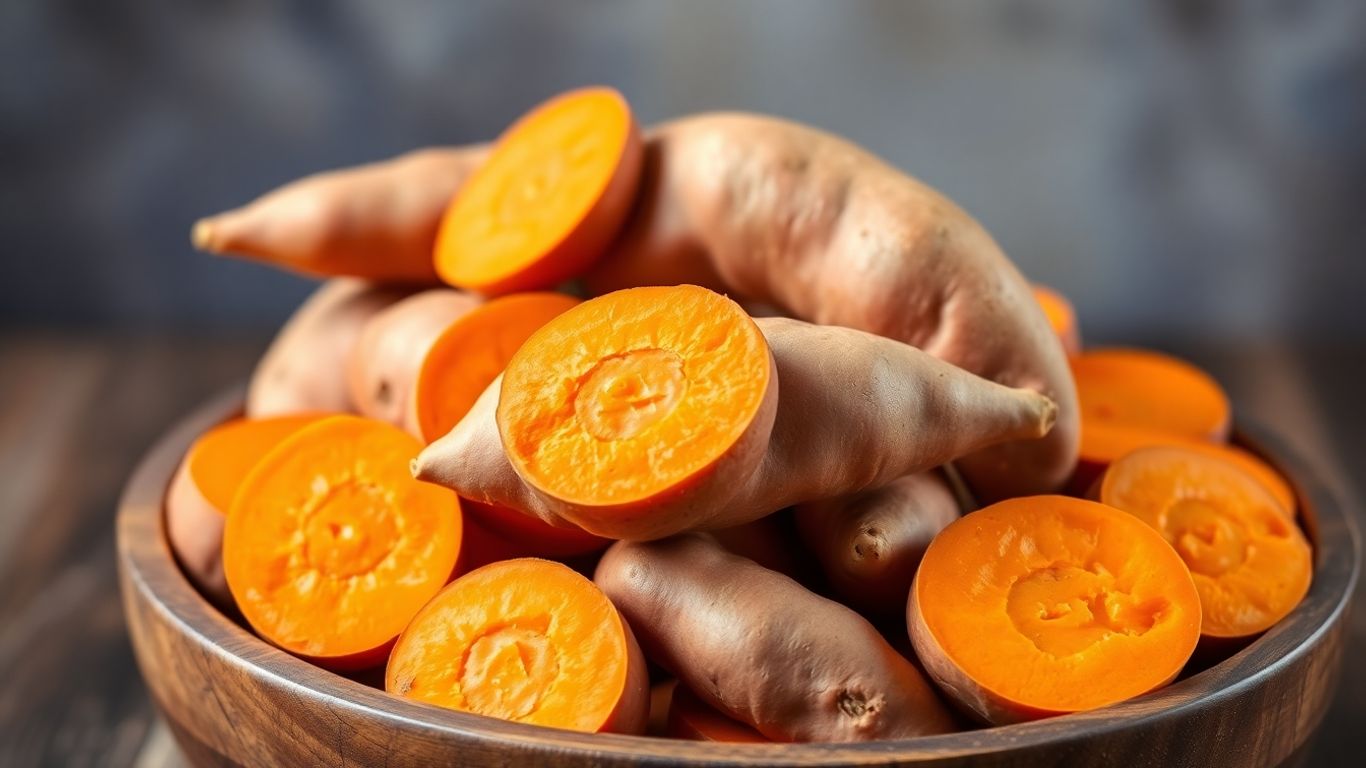 Biologische zoete aardappelen in een houten kom