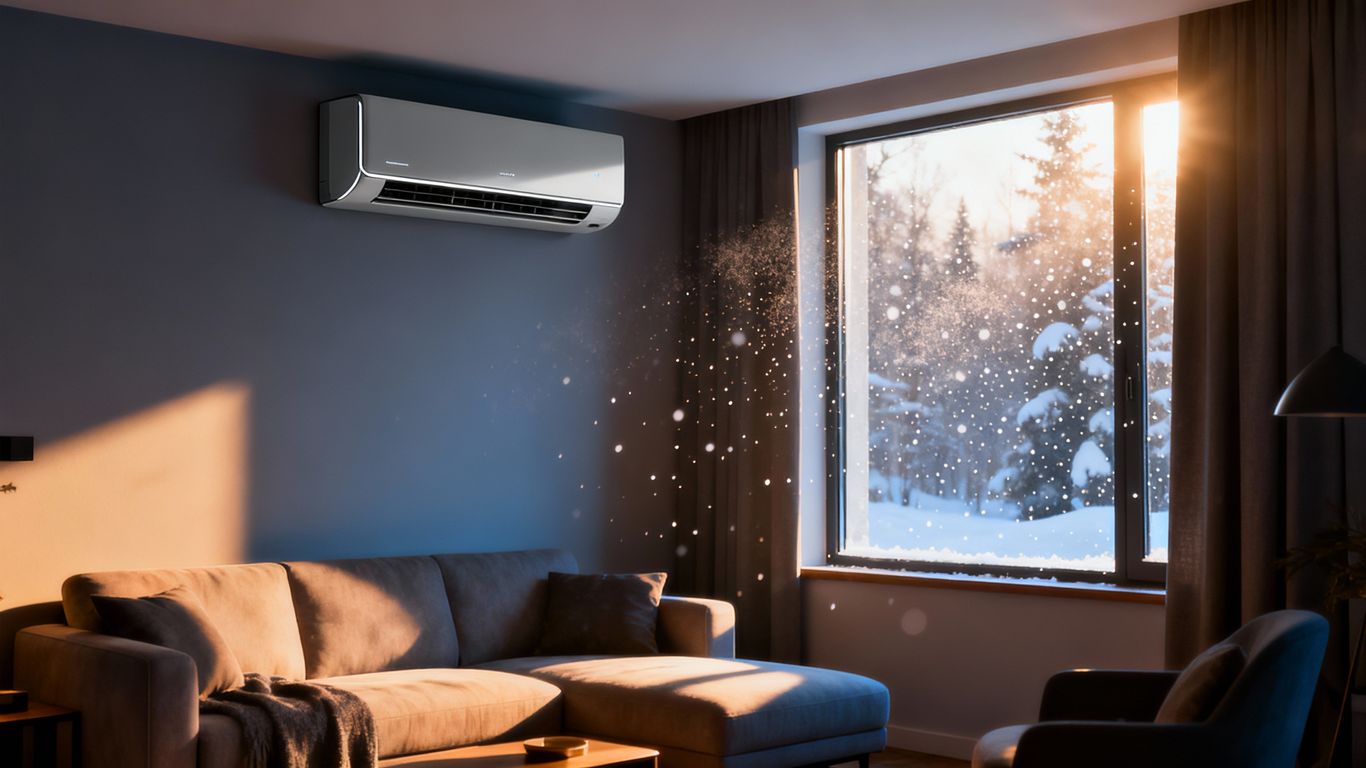 Cozy living room with modern HVAC unit and snowy window.
