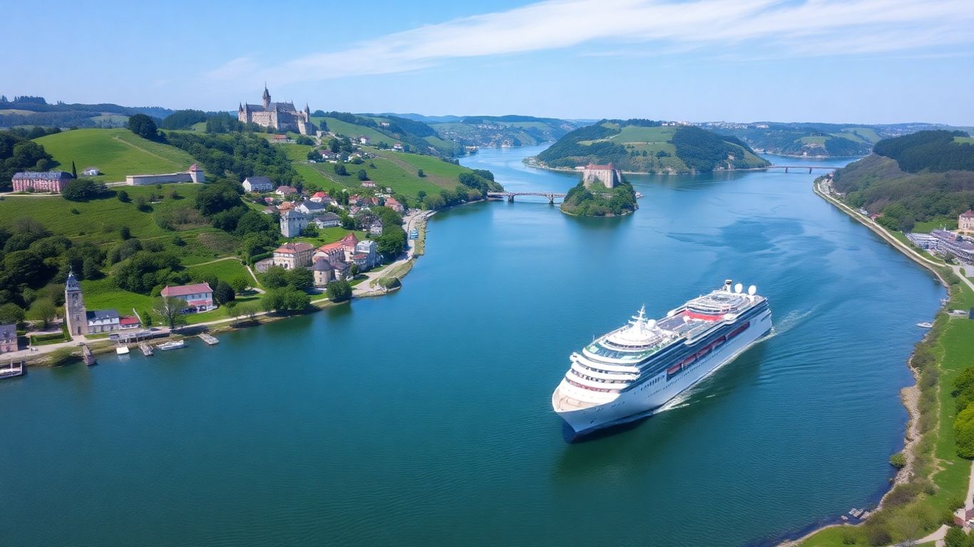 Vas de croazieră navigând pe râu european cu peisaj rural.