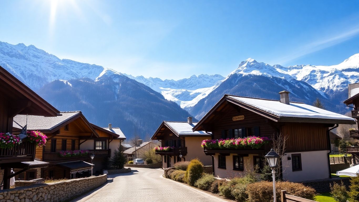 Schweizer Bergdorf mit Holzhäusern und Bergen