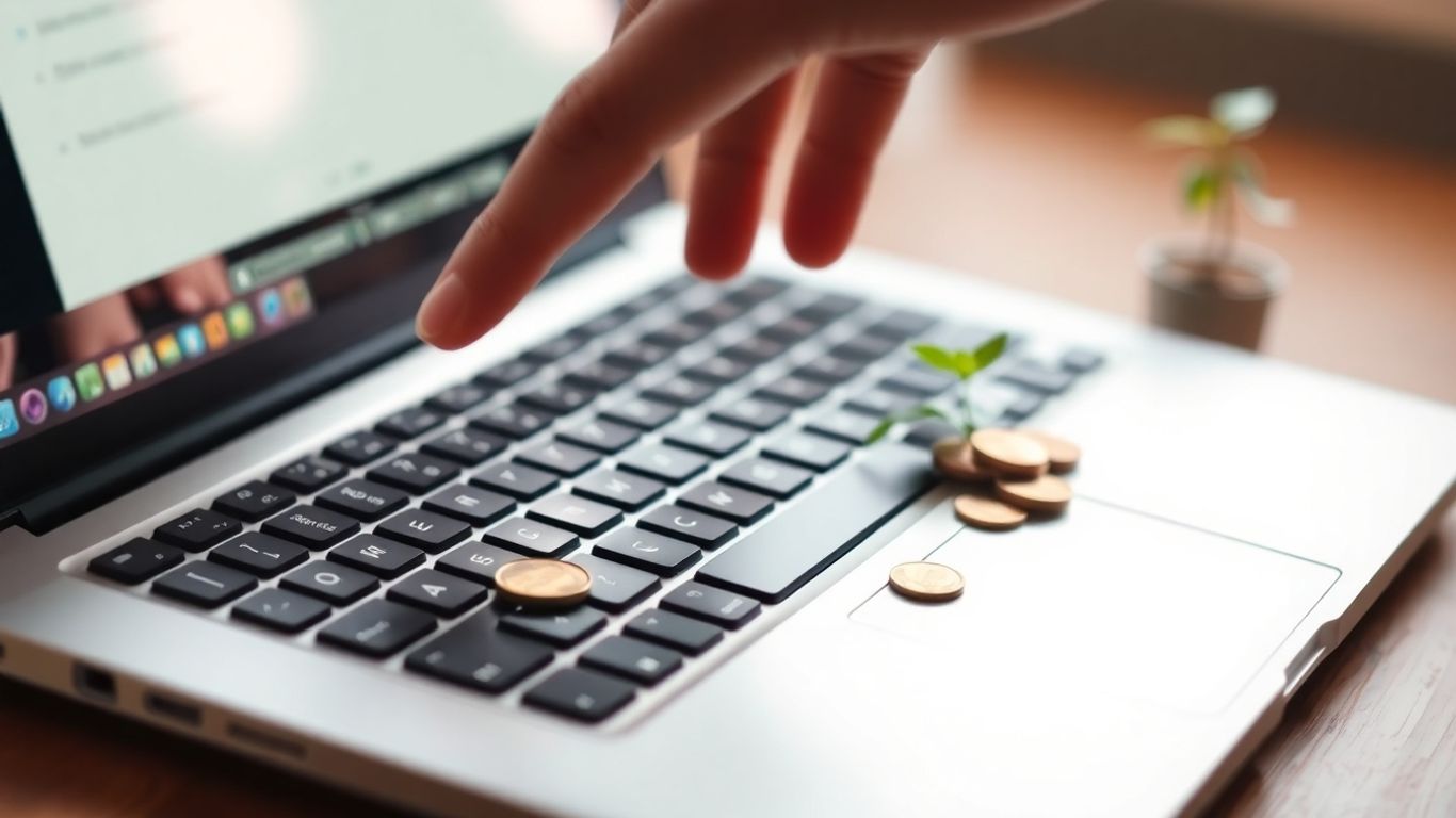 Laptop keyboard with coins and plant, blog startup costs.