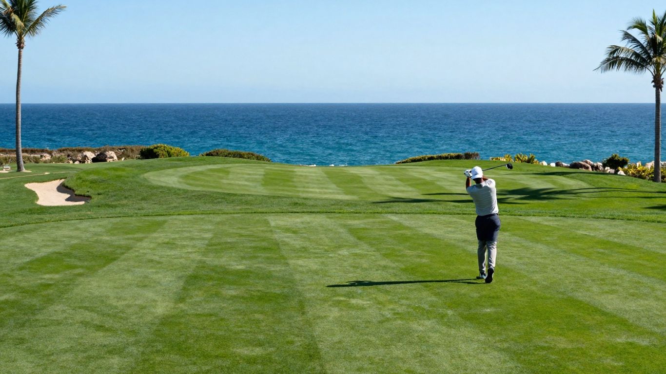 Golfer on a sunny Cabo course by the ocean.