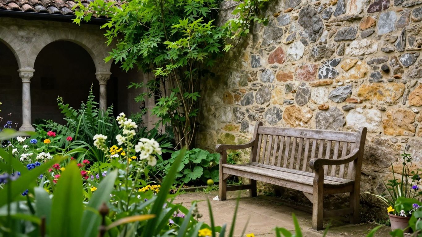 Klostergarten mit Steinmauern und Blumen