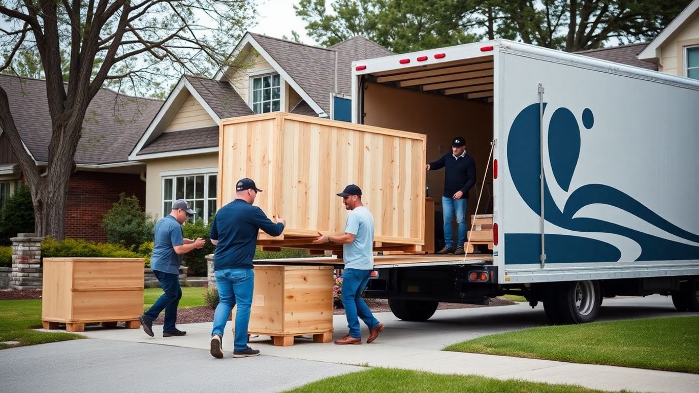 Moving truck loading a crate for long distance relocation.