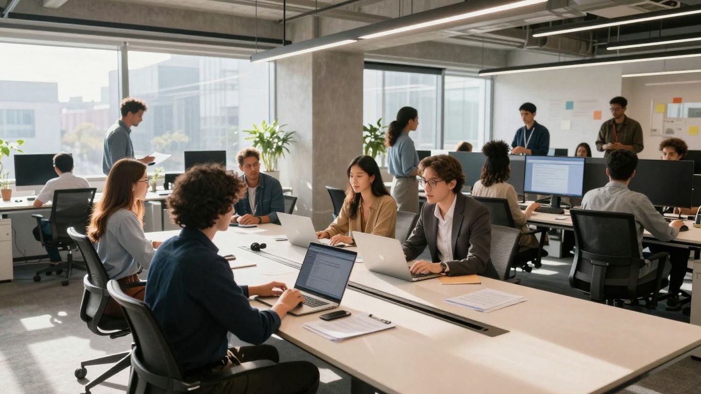 Marketing agency professionals collaborating in a modern, sunlit office.