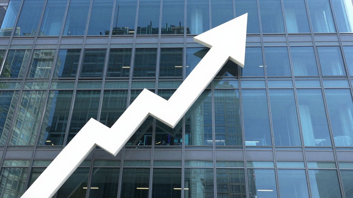 Modern building with upward arrow, financial success.