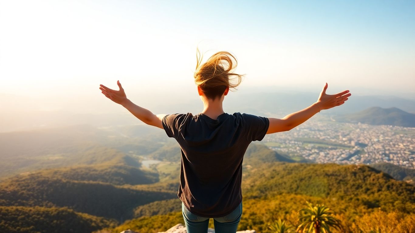 Person on mountain peak with city below