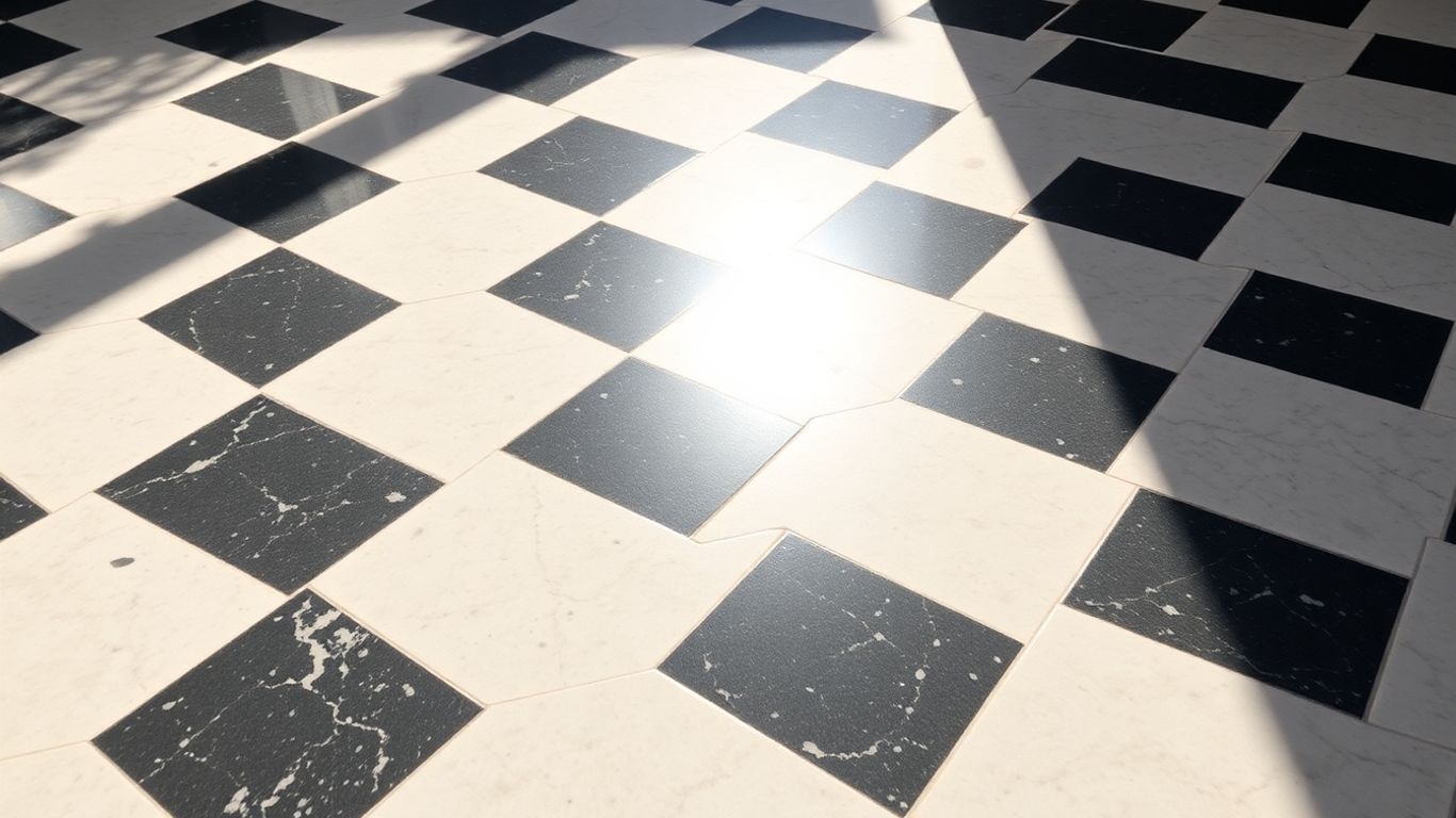 Marble and travertine checkerboard tile floor pattern.