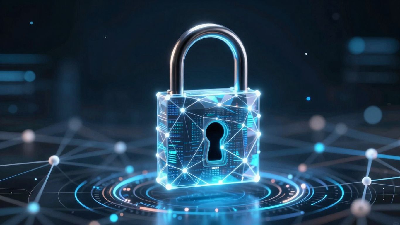 Blockchain padlock securing digital network data streams.