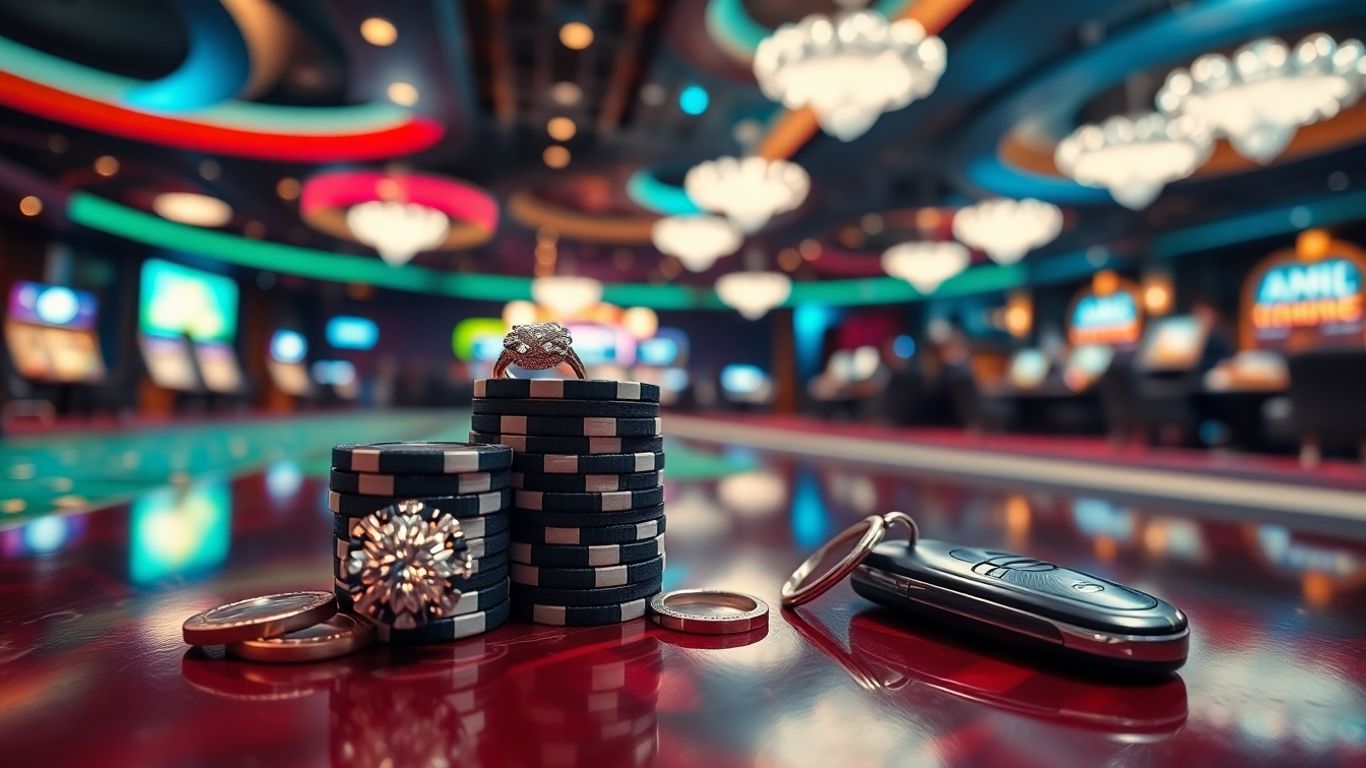 Luxurious casino rewards: chips, diamond ring, sports car key.