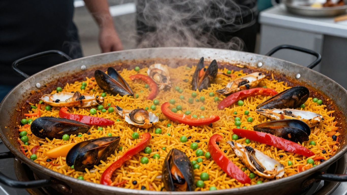 Mobile paella catering van serving a delicious paella dish.