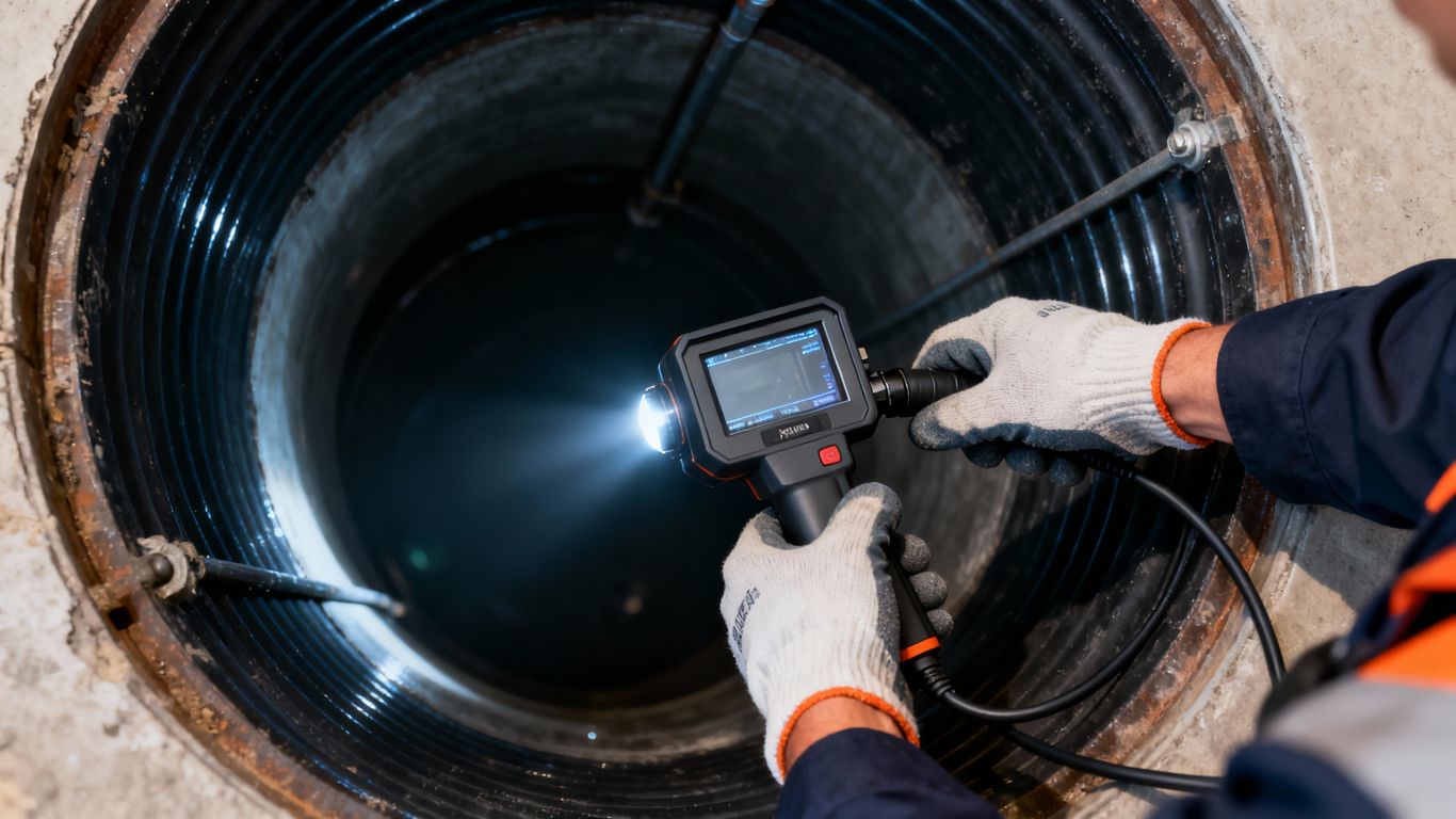 Plumber inspecting sewer pipe with camera probe.