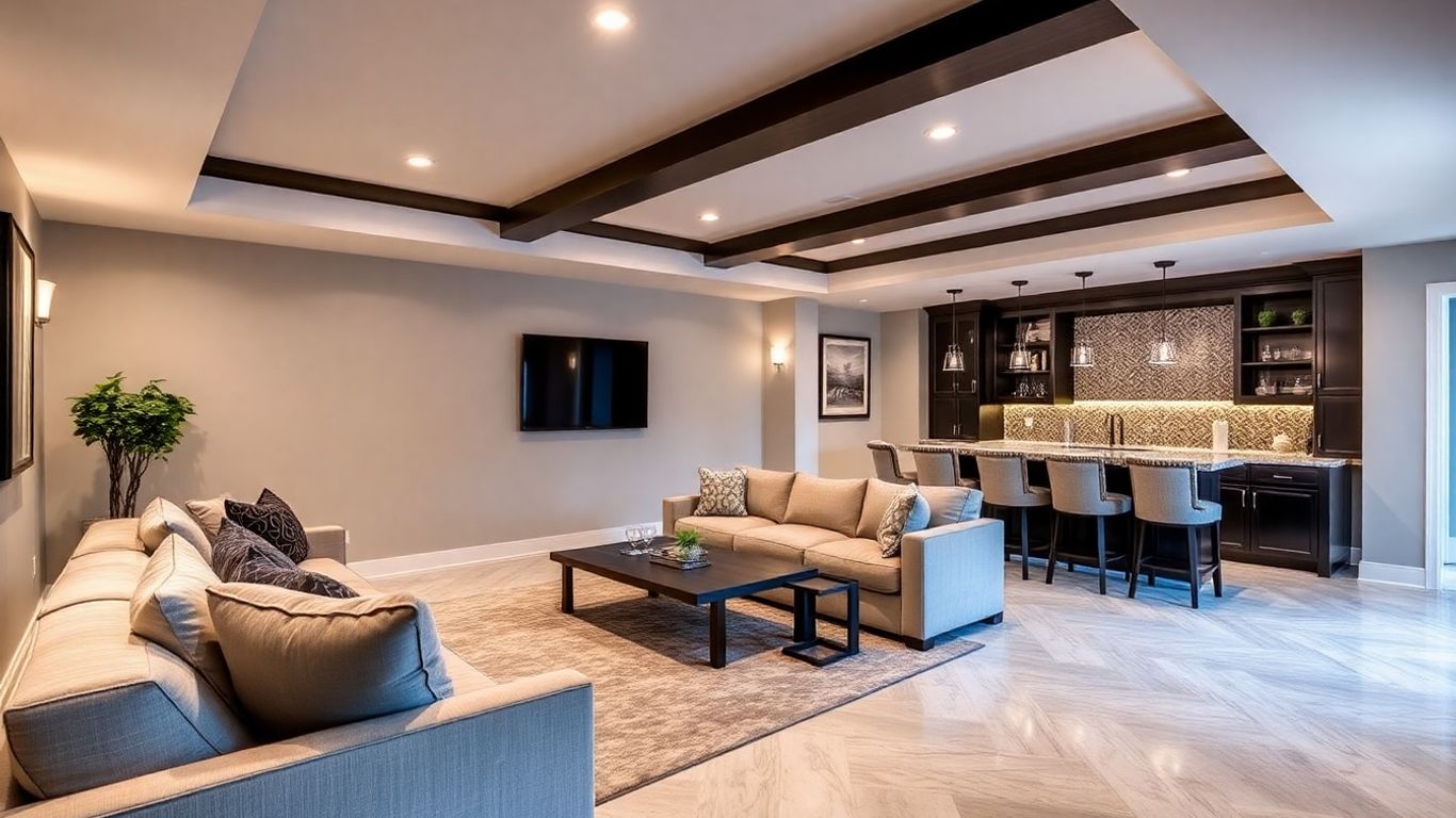 Finished Chastain Park basement with living area and bar.