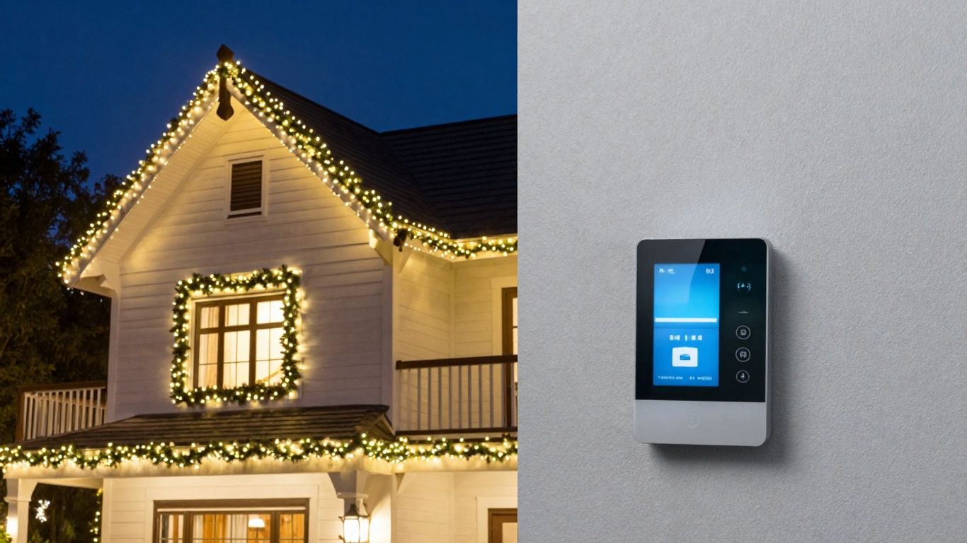 House with permanent Christmas lights and smart controls.