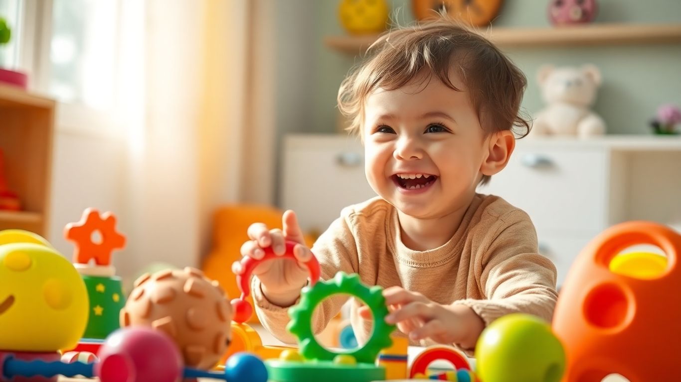 Child playing with sensory toys for development.