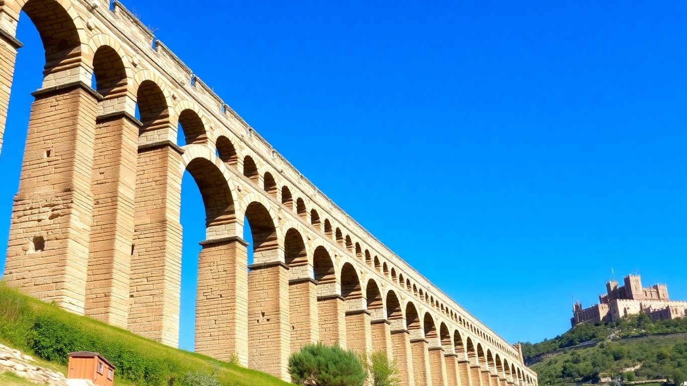 Het Romeinse aquaduct van Segovia en een kasteel in de verte onder een blauwe lucht.