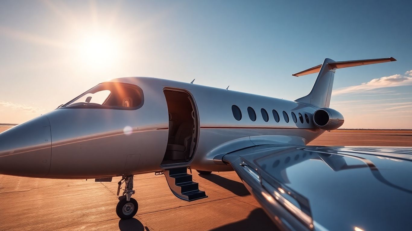 Sleek private jet on tarmac, luxurious interior visible.