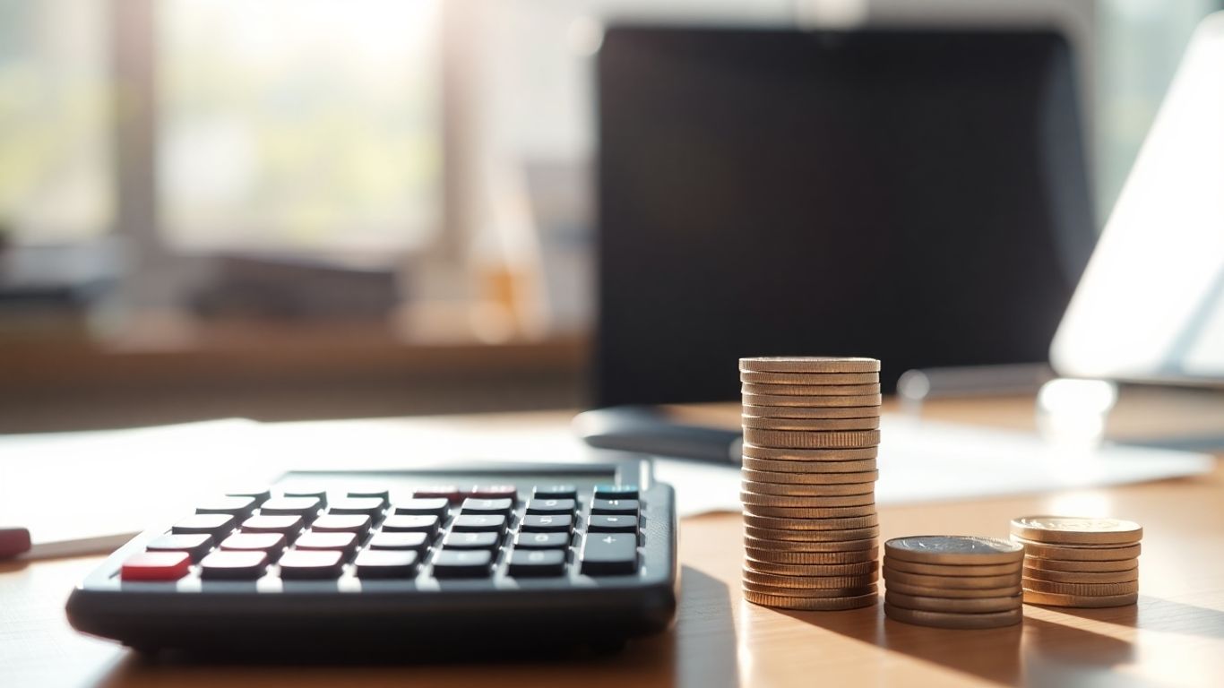 Calculadora e moedas em mesa de escritório.