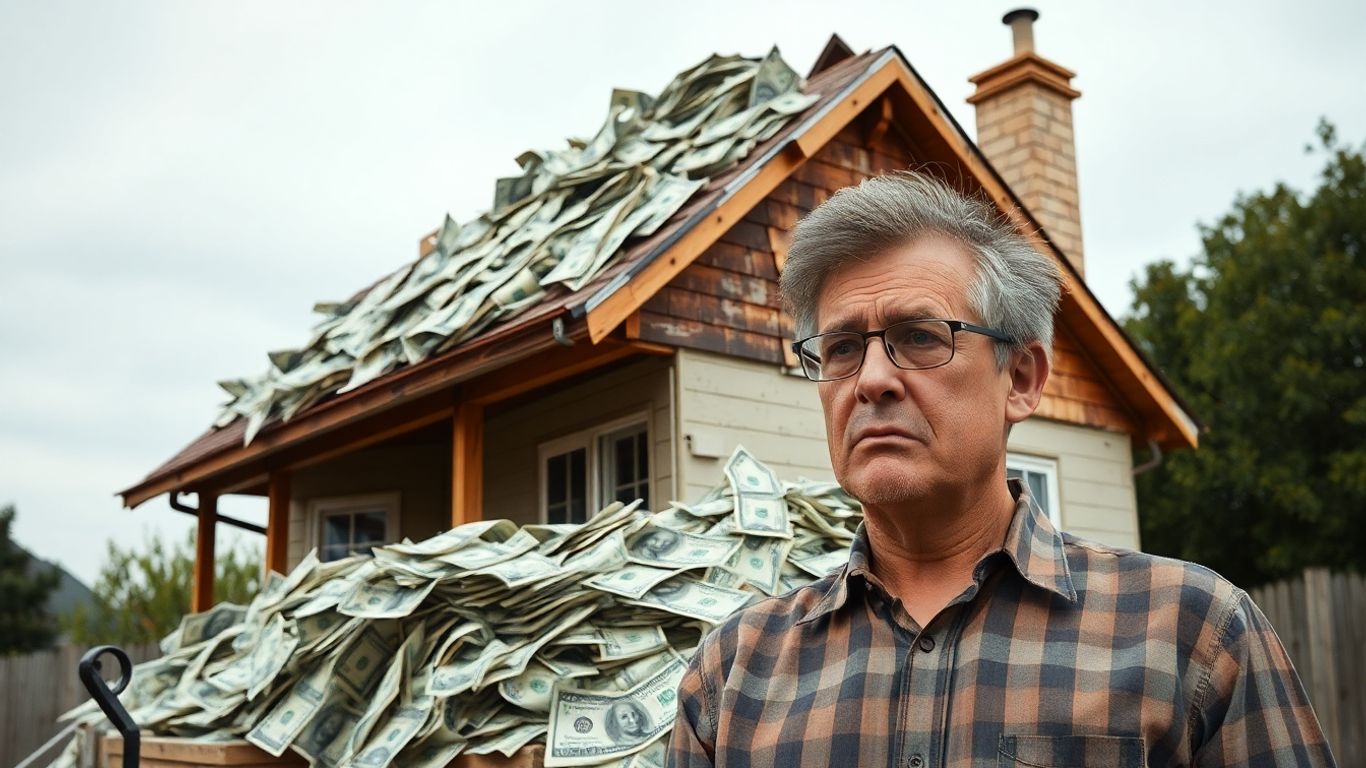 Casa con dinero desbordándose y grietas.