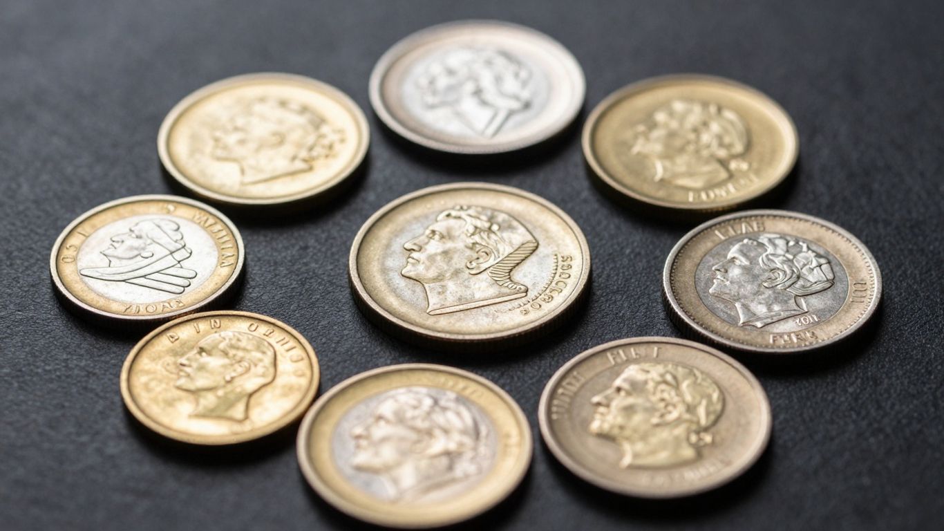 Collection of gold and silver coins with detailed engravings.