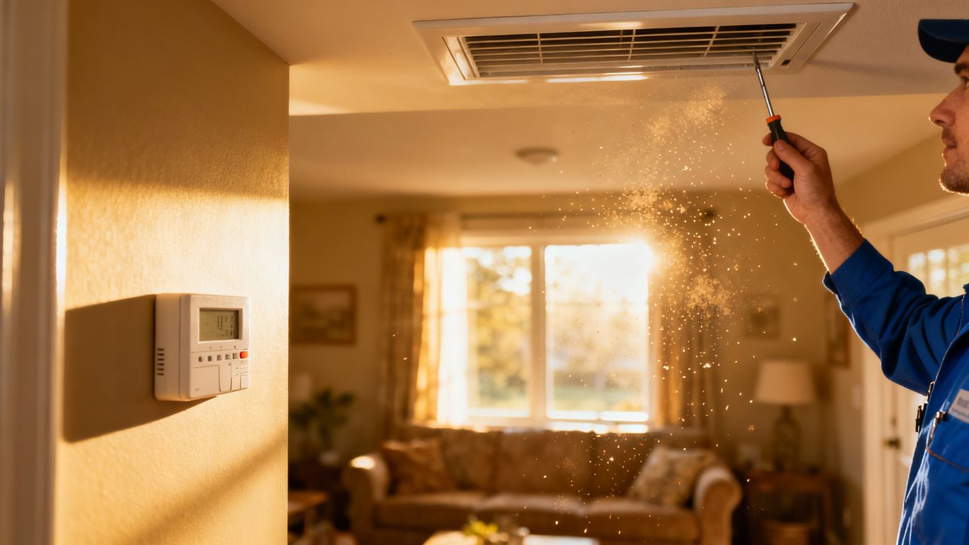 Homeowner checking thermostat during fall HVAC inspection.