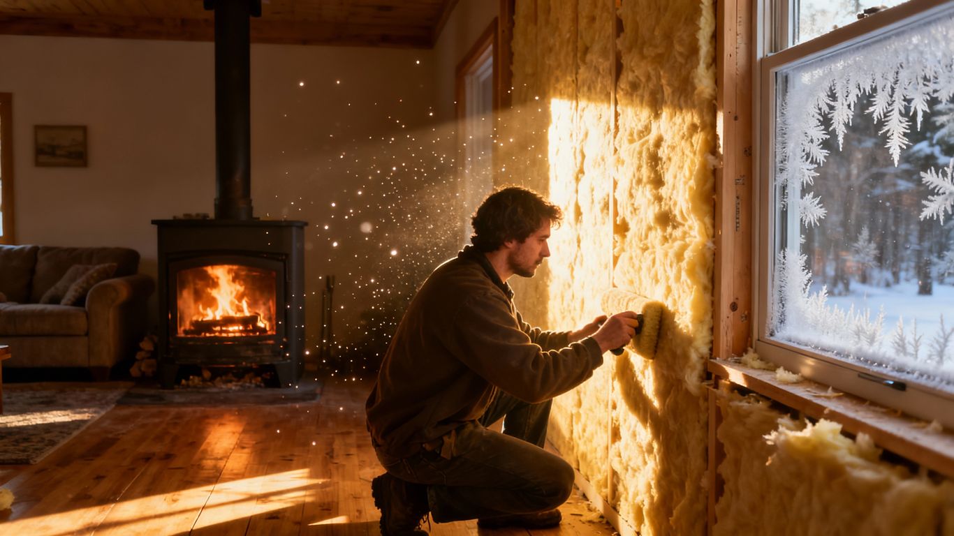 Cozy home interior with fireplace and winter window view.