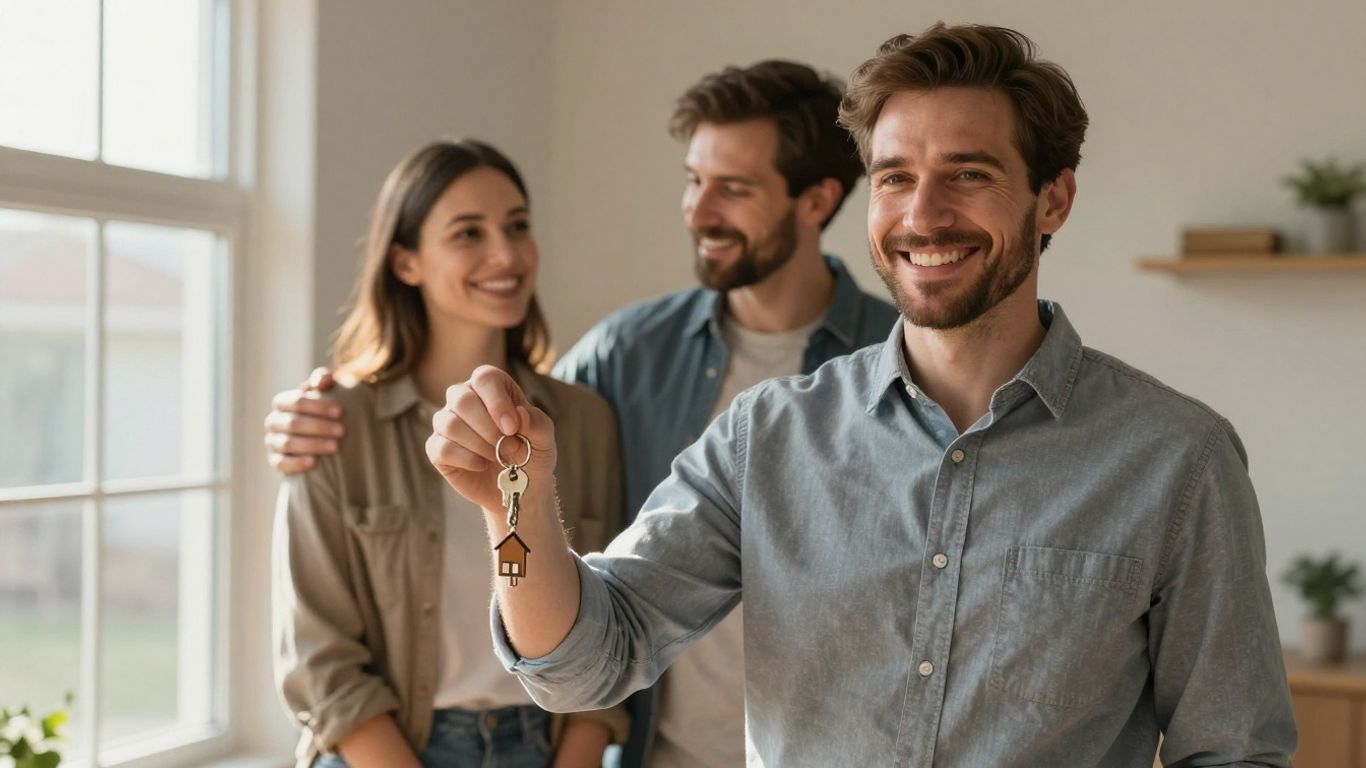 Mortgage broker handing keys to happy couple.