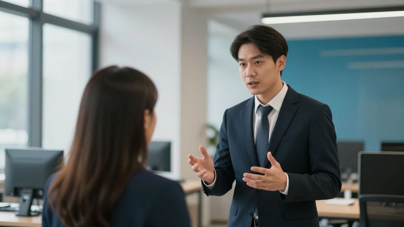 Bewerber im Gespräch mit Personalvermittler im Büro.