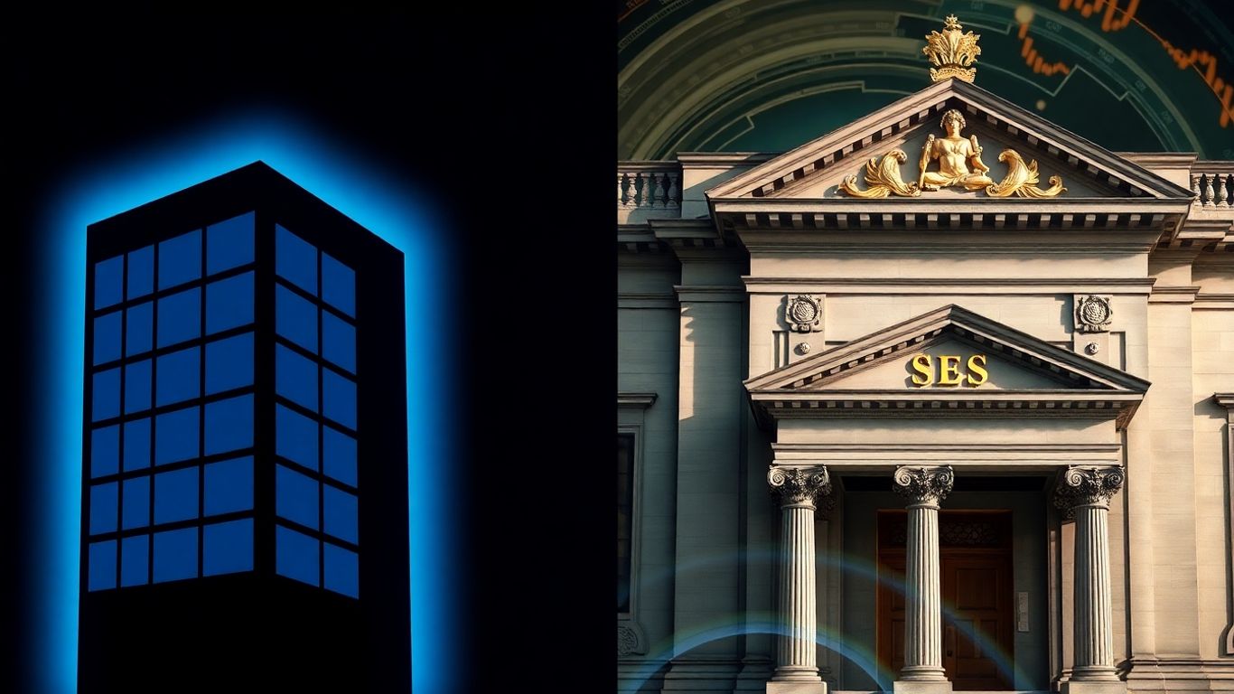 Hedge fund and investment bank buildings side-by-side.