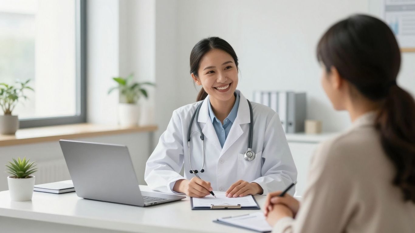 Doctor consulting with patient at weight loss clinic.