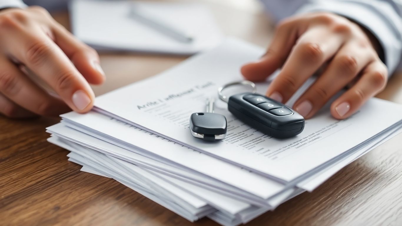 Organizing car accident claim documents and car key.
