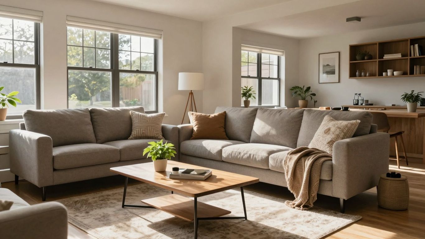 Modern Airbnb living room with natural light and decor.