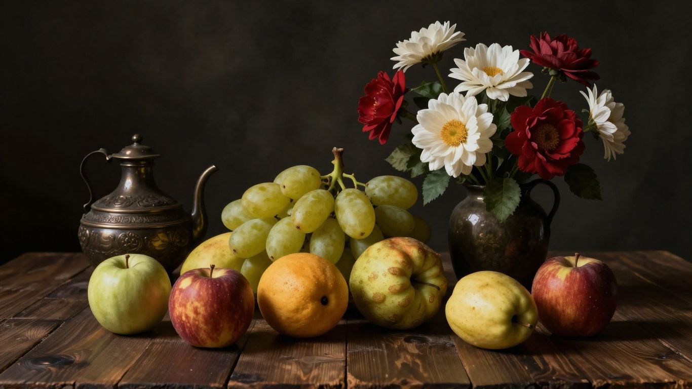Meesterlijk stilleven met fruit en bloemen.