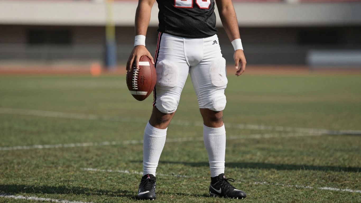 Jucător de fotbal cu echipament complet pe teren.