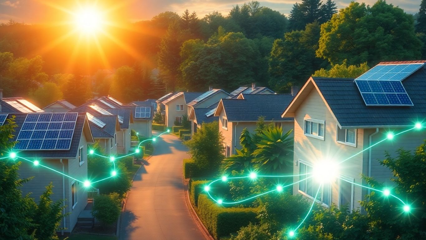 Community energy grid with solar panels and connected homes.