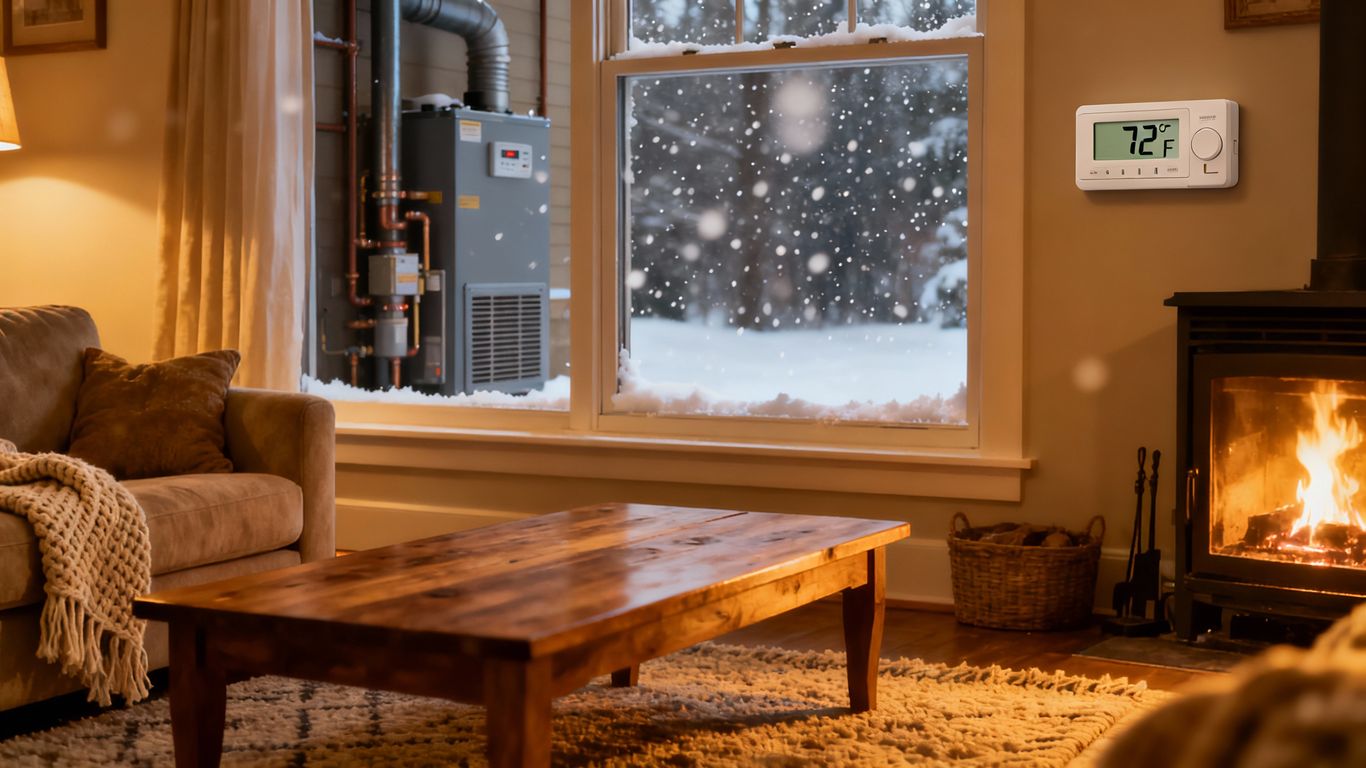 Winter scene with a warm home and HVAC unit.
