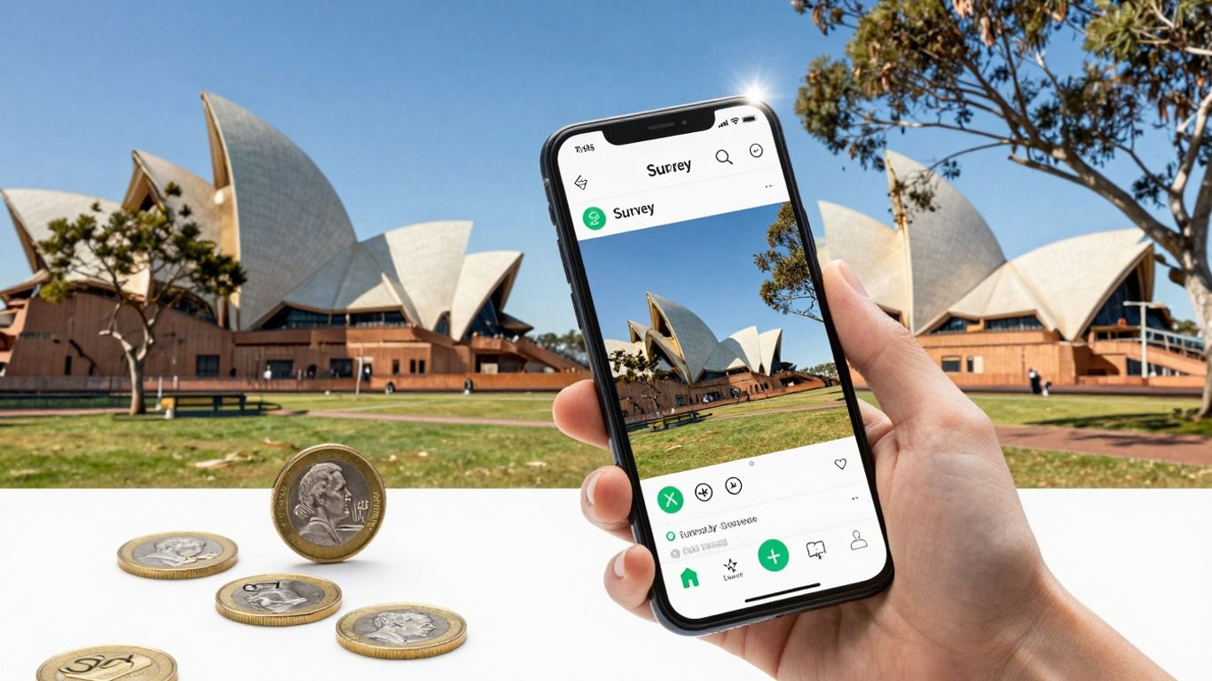 Australian dollars and survey icons on a landscape.
