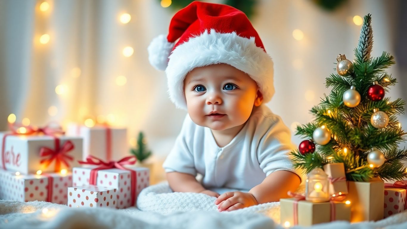 Holiday baby shower with Santa hat baby and decorations.