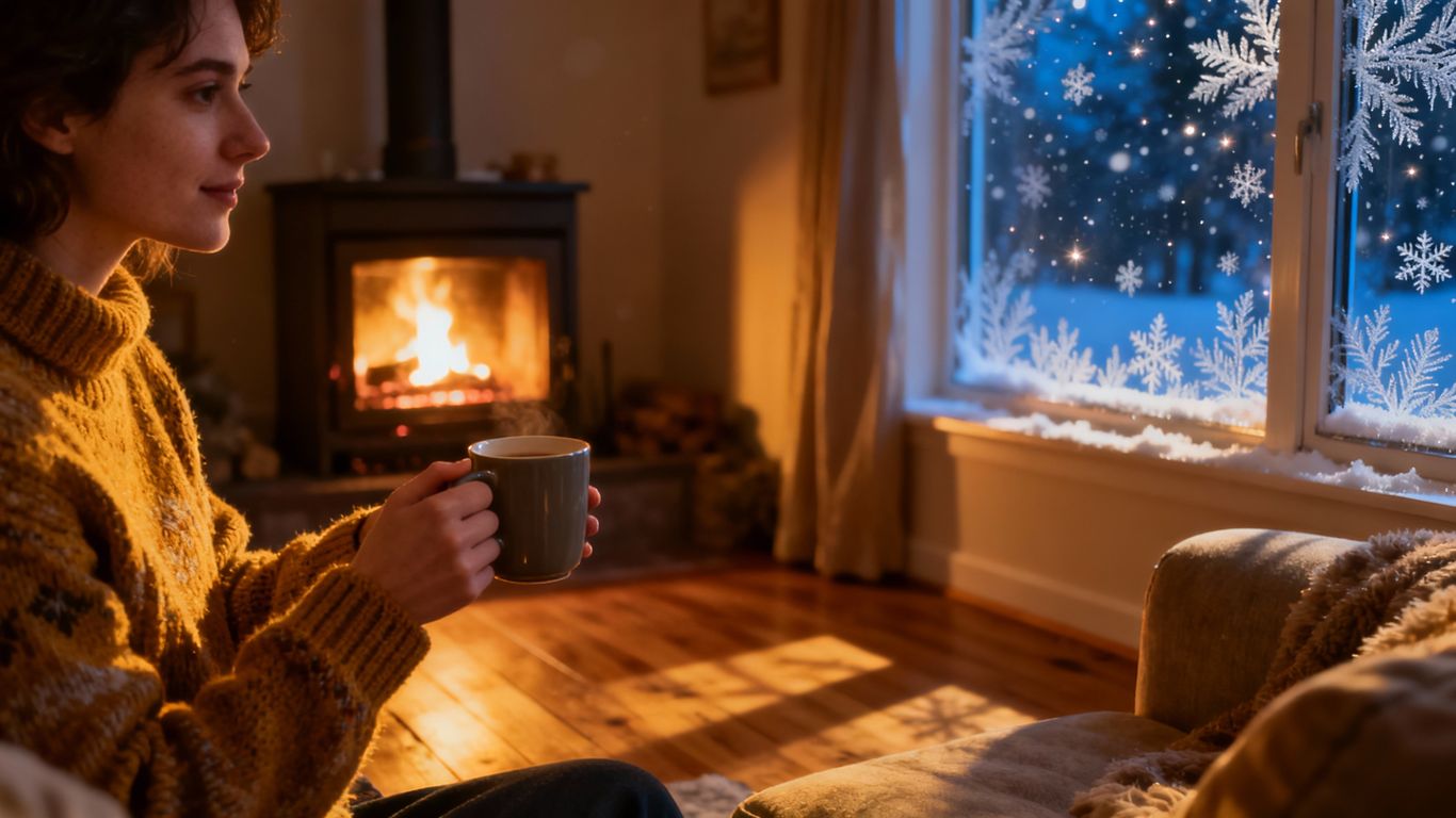 Cozy living room with fireplace and snowy window.