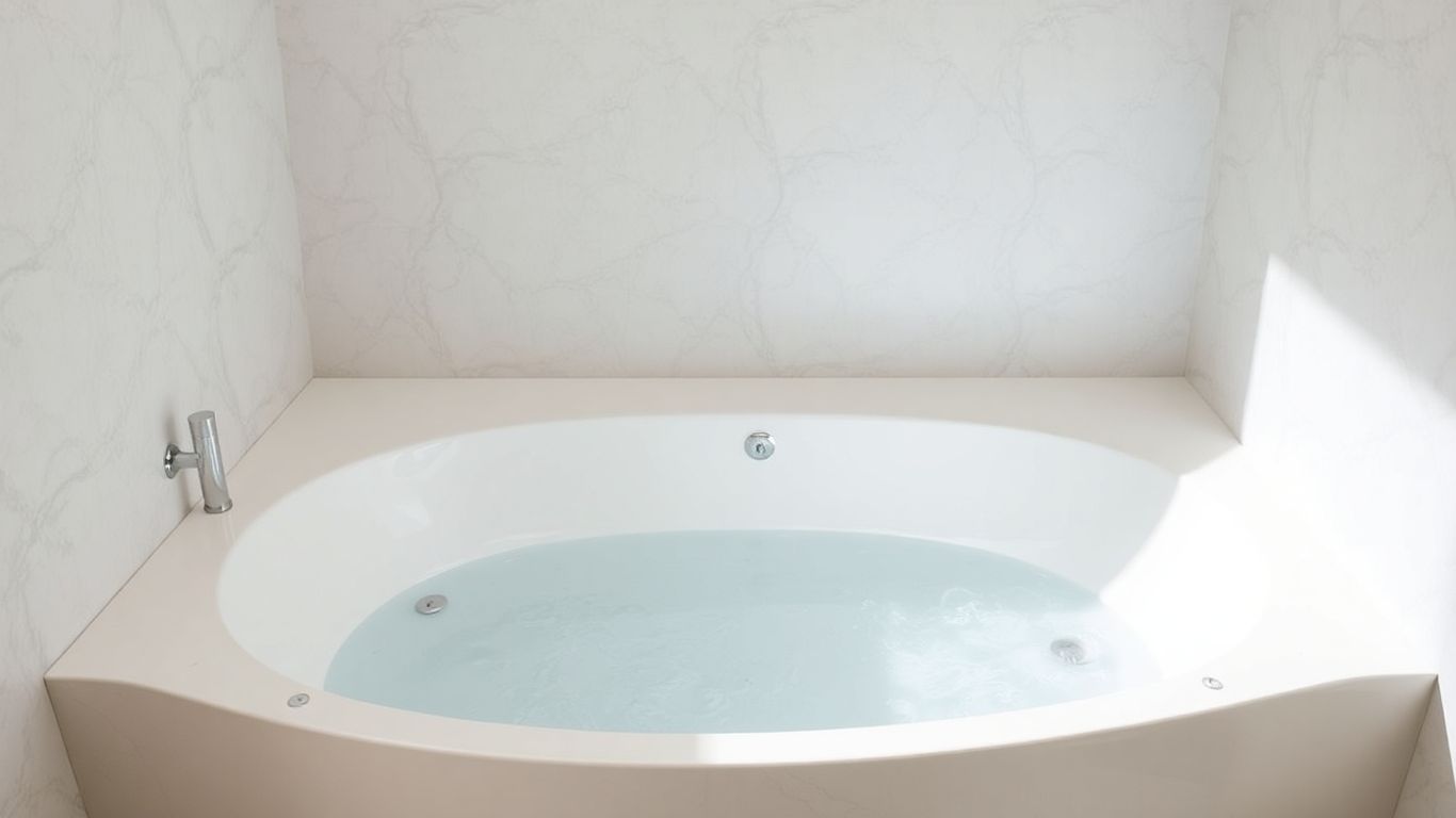 Elegant white artificial stone built-in bathtub in a spa.