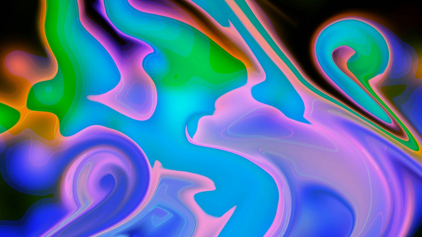 an abstract painting of blue, green, and pink shapes