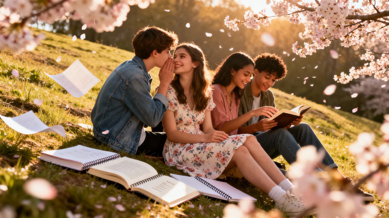 Teenagers sharing romantic moments among flowers and books.