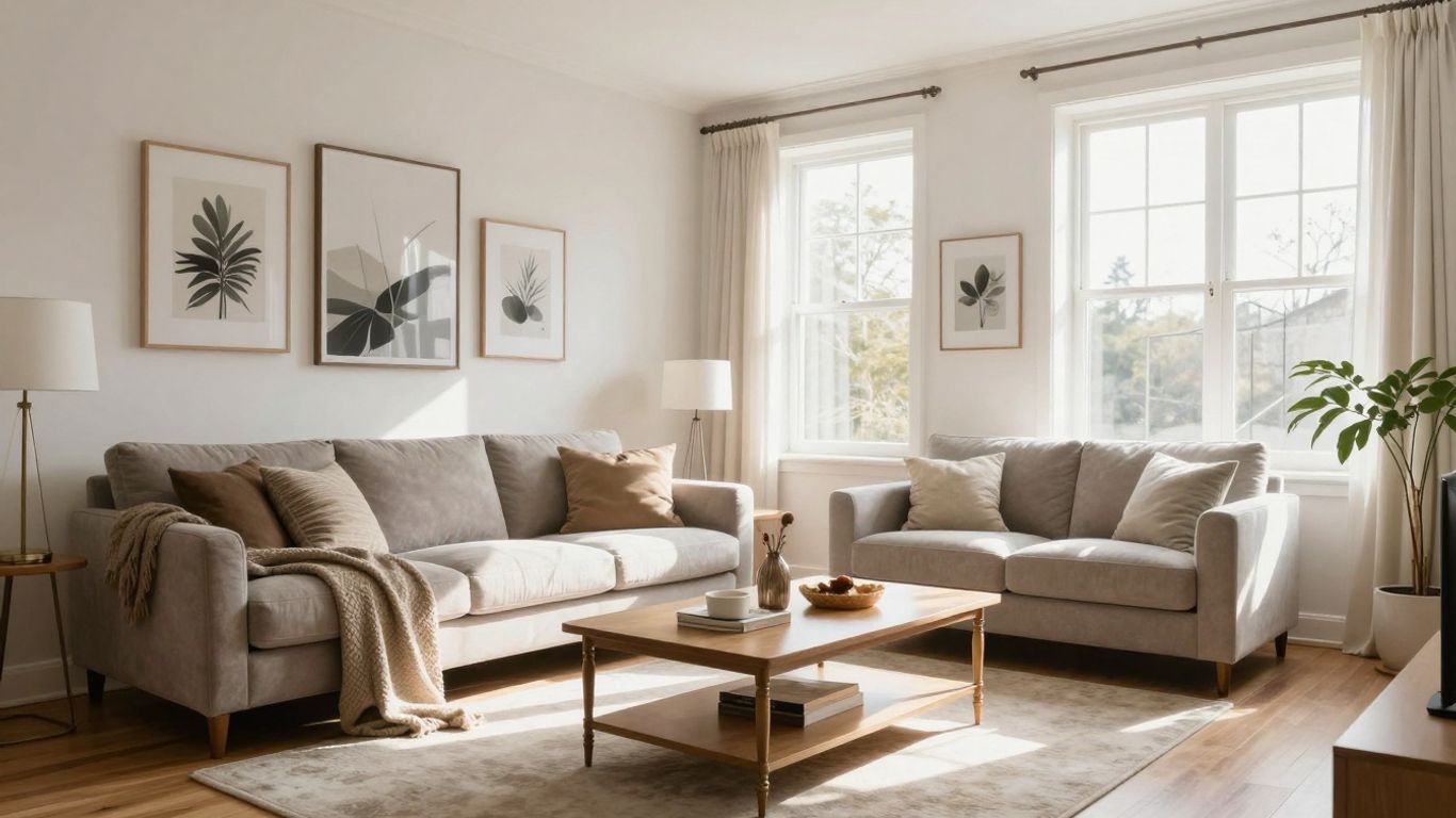 Modern Airbnb living room with stylish furniture and natural light.
