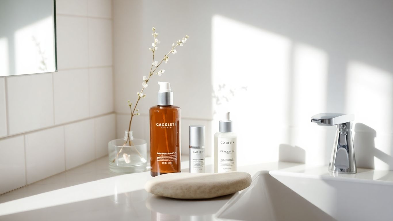Minimalist skincare products on a bathroom counter.