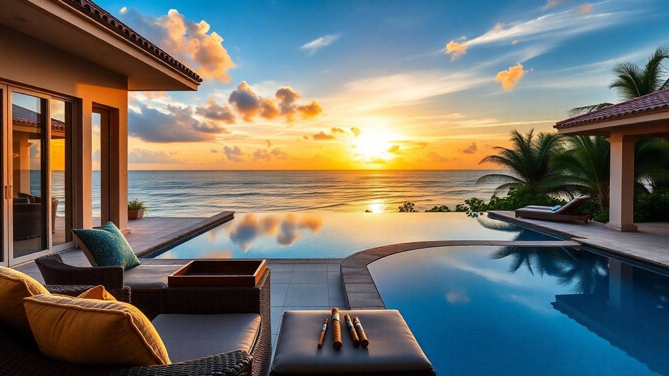 Luxury villa with infinity pool at sunset.